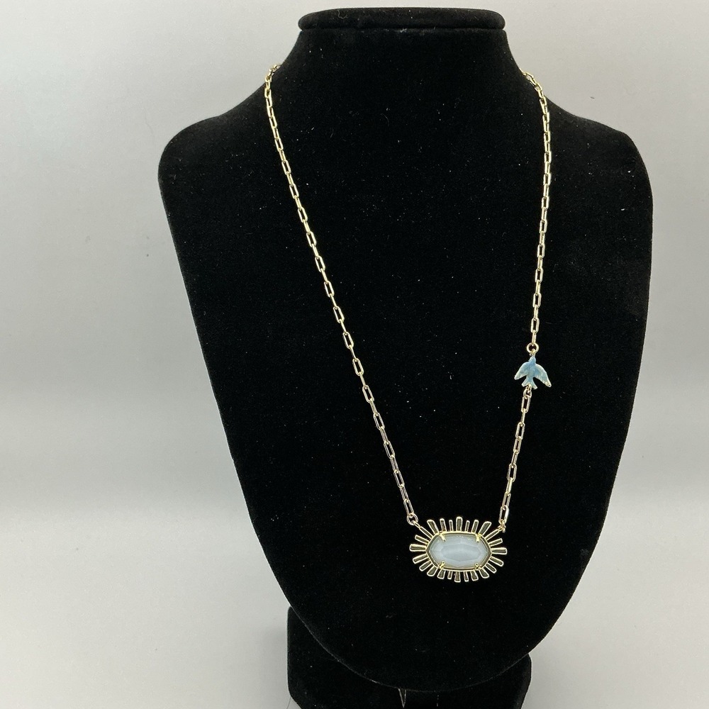 NWT Kendra Scott Elisa Melody Bird Gold Paperclip Chain Necklace Blue Stone 18"